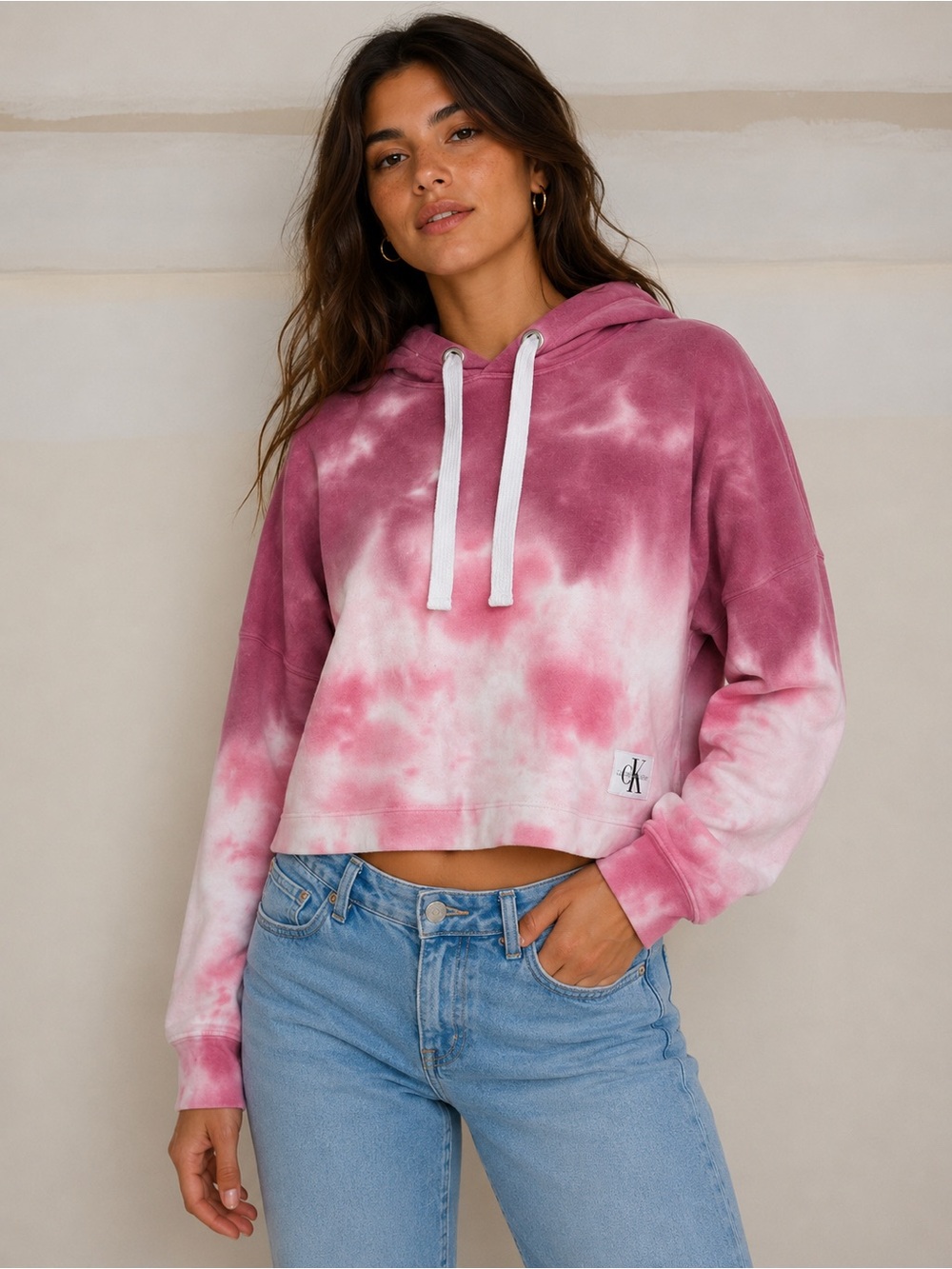 Calvin Klein Jeans Cropped Pink Tie Dye Hoodie Pullover Sweatshirt size Large